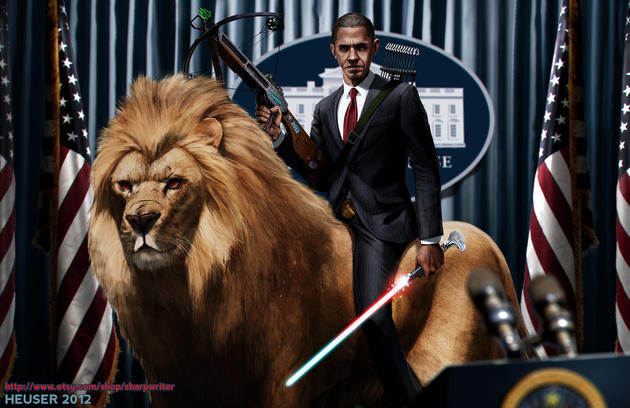 Obama on a lion with a light saber