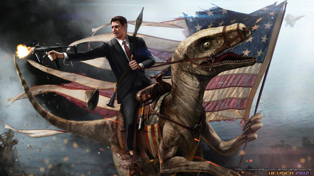 Ronald Reagan riding a velociraptor