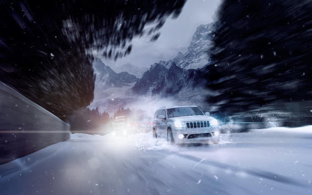 SRT-8 caught overtaking a truck somewhere in Alps HD wallpaper