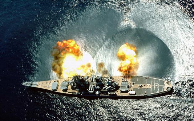 USS Iowa firing all of its guns during target practice