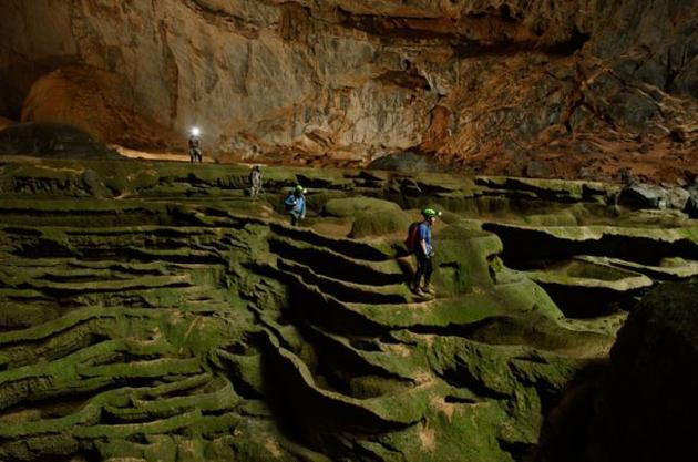 Terraces made from eroded stone inside the Son Doong