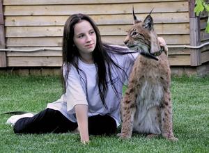 Pet Lynx beside one of the family members in Kaluga, Russia